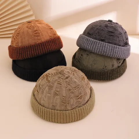 Retro Zerrissen Baumwolle Strick Randlos Beanie Yuppie Vermieter Hut Personalisierte Melonenmütze Für Herren Damen Herbst Winter Warm