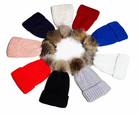 Dames Winter Gebreide Muts Met Waspbeer Bont Pompon Verdikt Warm Koreaanse Stijl Effen Kleur Zachte Skull Cap Voor Herfst Winter