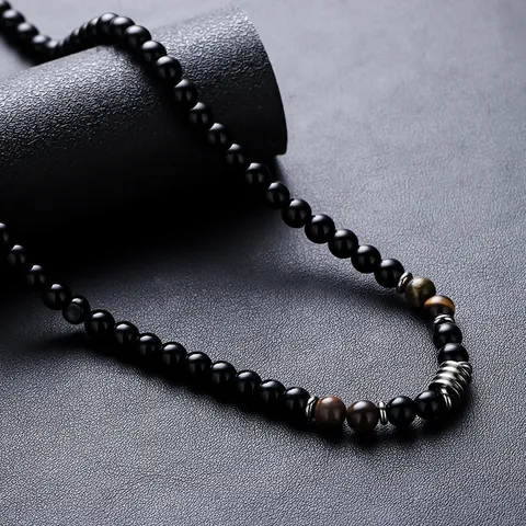 Juego de Joyas Retro de Obsidiana y Ojo de Tigre para Hombre Collar y Pulsera de Cuentas de Acero de Titanio Regalo Hip Hop
