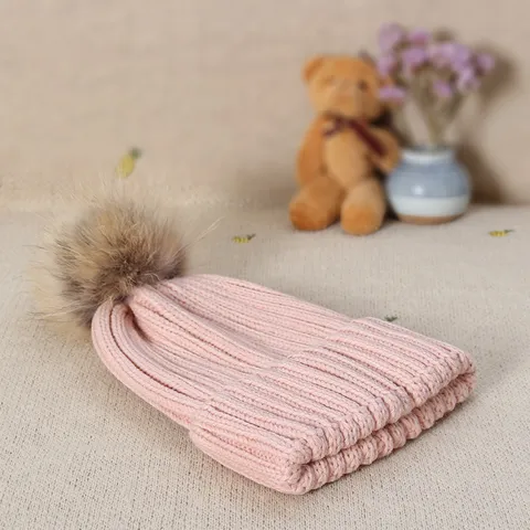 Bonnet en Tricot d'Hiver pour Femmes Avec Pompon en Fourrure de Raton Laveur Épais Chaud Style Coréen Couleur Unie pour Automne Hiver