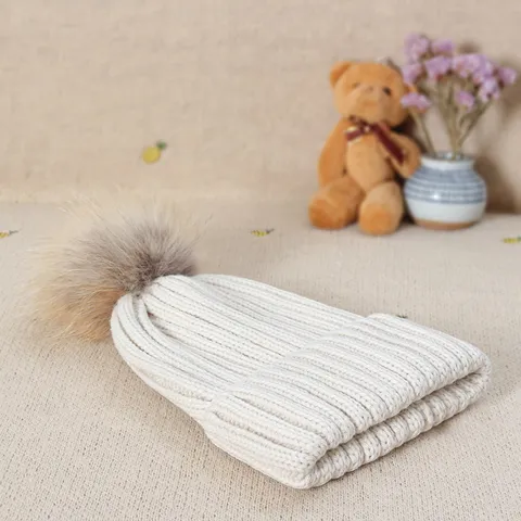 Bonnet en Tricot d'Hiver pour Femmes Avec Pompon en Fourrure de Raton Laveur Épais Chaud Style Coréen Couleur Unie pour Automne Hiver