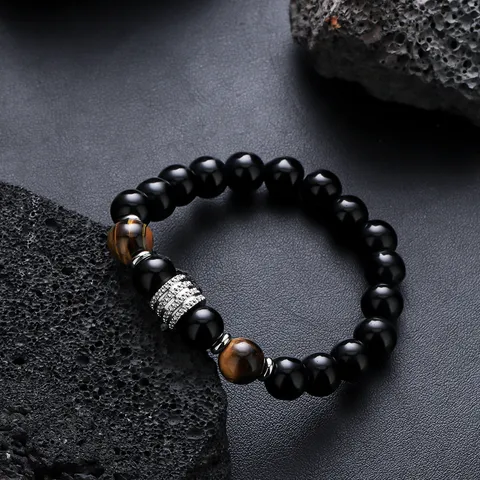 Juego de Joyas Retro de Obsidiana y Ojo de Tigre para Hombre Collar y Pulsera de Cuentas de Acero de Titanio Regalo Hip Hop