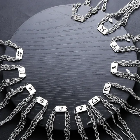Original Design Titanium Steel Twelve Constellations Pendant Necklace Double Layer Chain Geometric Sign Tag Necklaces Unisex Jewelry Gift