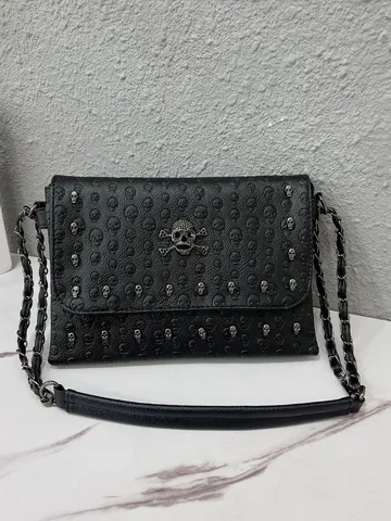 Punk Skull Chain Crossbody Bag PU Leather Envelope Shoulder Bag Gothic Rivet Handbag Casual Fashion Women Bag