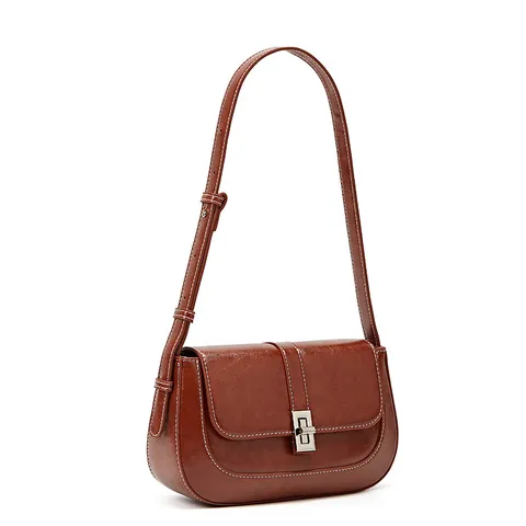 Vintage PU Leather Saddle Bag For Women Crossbody Shoulder Bag Retro Purse With Metal Lock And Contrast Stitching