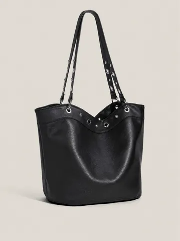 Women Large Capacity Bucket Bag PU Leather Litchi Pattern Rivet Shoulder Bag Fashion Casual Handbag Daily Commute Tote