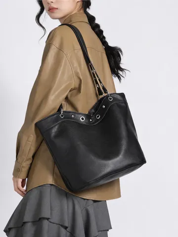 Women Large Capacity Bucket Bag PU Leather Litchi Pattern Rivet Shoulder Bag Fashion Casual Handbag Daily Commute Tote