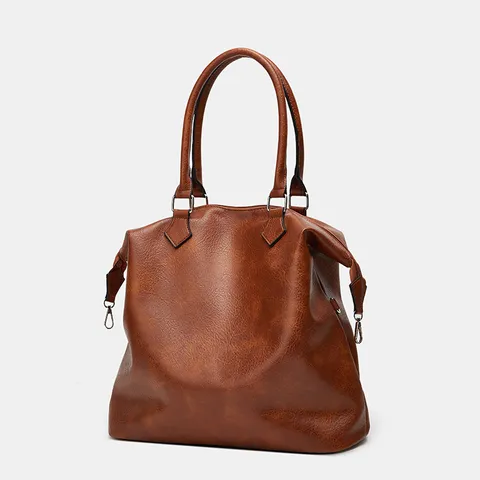 Women Large Capacity PU Leather Tote Bag Retro Casual Solid Color Shoulder Crossbody Bag Vintage Daily Handbag