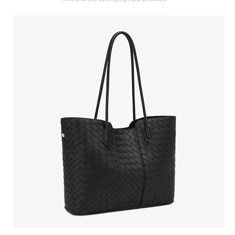 Large Capacity Woven Tote Bag For Women PU Leather Casual Shoulder Handbag Urban Minimalist Fashion Commuter Bag