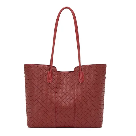 Large Capacity Woven Tote Bag For Women PU Leather Casual Shoulder Handbag Urban Minimalist Fashion Commuter Bag