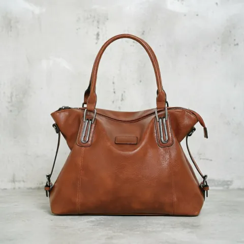 Women Vintage PU Leather Tote Bag Large Capacity Handbag Casual Commuter Shoulder Bag With Metal Hardware
