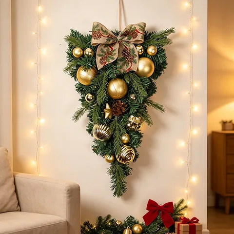 Christmas Teardrop Swag Door Hanging Wreath With Golden Ornaments Pine Cones Linen Bow PVC Artificial Greenery Festive
