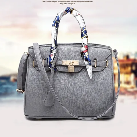 Women Fashion PU Leather Top Handle Handbag Litchi Grain Lock Clasp Shoulder Messenger Bag Large Capacity