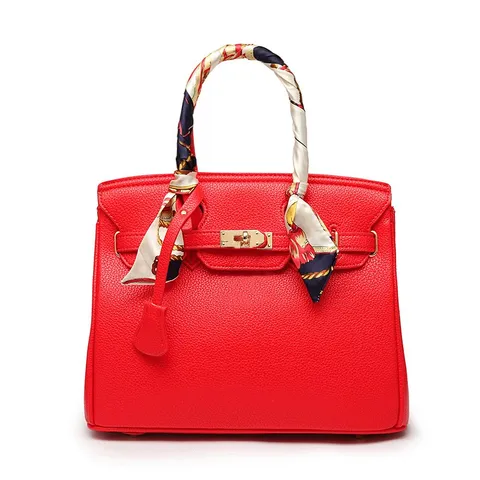 Women Fashion PU Leather Top Handle Handbag Litchi Grain Lock Clasp Shoulder Messenger Bag Large Capacity
