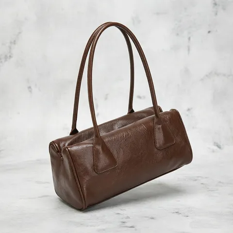 Women Underarm Shoulder Bag Vintage PU Leather Bowling Handbag Large Capacity Casual Retro Tote Bag For Daily Travel