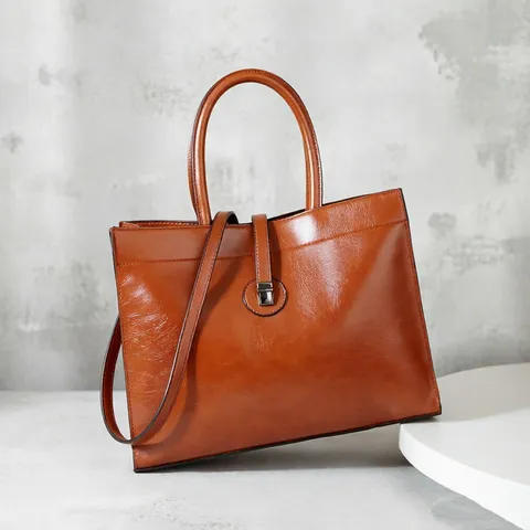 Women Retro PU Leather Tote Bag Large Capacity Commuter Handbag Shoulder Crossbody Bag With Metal Lock Closure