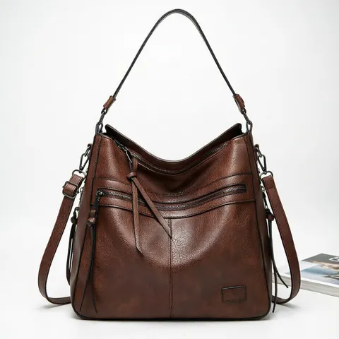 Women Vintage PU Leather Tote Bag Large Capacity Casual Shoulder Crossbody Bag Multi-Pocket Handbag