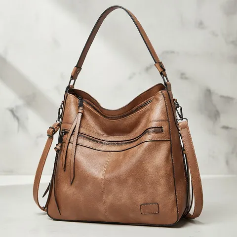 Women Vintage PU Leather Tote Bag Large Capacity Casual Shoulder Crossbody Bag Multi-Pocket Handbag