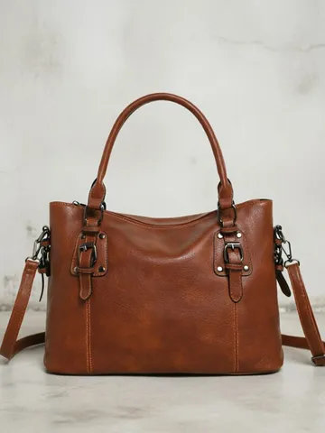 Women's Vintage PU Leather Motorcycle Bag Large Capacity Commuter Handbag Casual Top Handle Shoulder Crossbody Bag