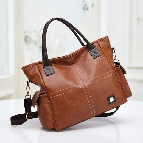 Retro PU Leather Tote Bag For Women Large Capacity Casual Commuting Shoulder Bag Vintage Top Handle Handbag