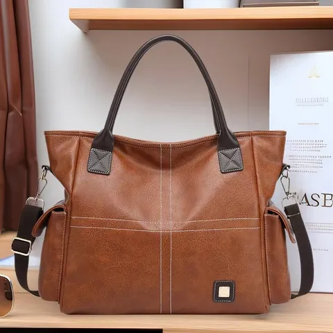 Retro PU Leather Tote Bag For Women Large Capacity Casual Commuting Shoulder Bag Vintage Top Handle Handbag