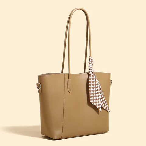 Women Large Capacity Tote Bag PU Leather Handbag Casual Commuter Shoulder Bag With Chic Plaid Scarf Decoration
