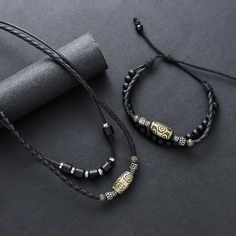 Ensemble Collier Bracelet en Corde de Cire Tressée avec Perle Dzi Tibétaine Rétro Bijoux Unisexe Style Ethnique pour Hommes Femmes