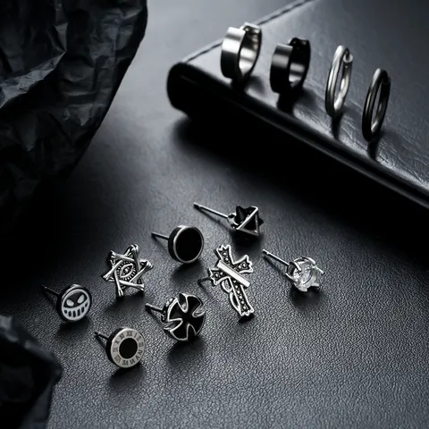 Titanium Steel Stud Earrings Set Hip Hop Street Style Geometric Cross Zirconia Earrings For Men Women Punk Jewelry Accessory