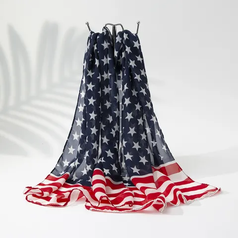 Women Fashion Chiffon Scarf Western Flag Star Pattern Shawl Sun Protection Soft Lightweight Wrap Sheer Scarves For Vacation Beach