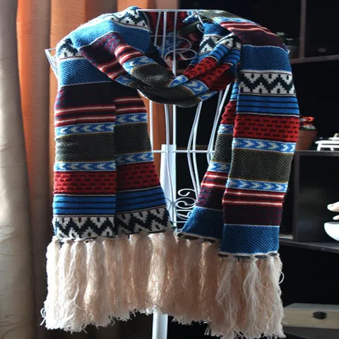 Boho Ethno Stil Langer Strickschal Schultertuch Für Damen Winter Verdicktes Geometrisches Muster Bedruckter Schal Mit Quasten Weiche Warme Schals