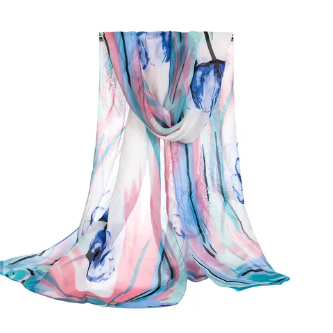 Women Floral Print Chiffon Scarf Lightweight Summer Sunscreen Beach Shawl Fashion Long Scarf For Ladies
