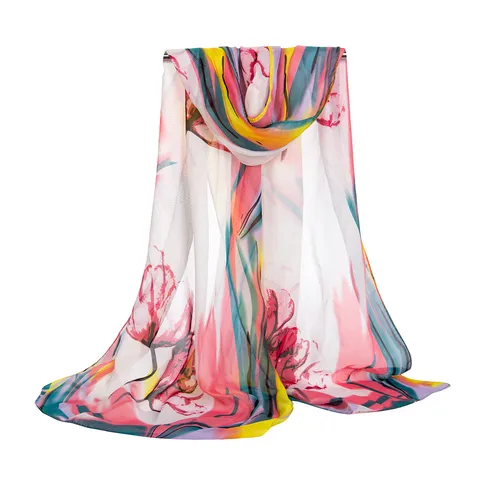 Women Floral Print Chiffon Scarf Lightweight Summer Sunscreen Beach Shawl Fashion Long Scarf For Ladies