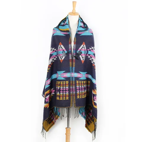 Ethnic Style Hooded Shawl Scarf For Women Faux Cashmere Geometric Pattern Tassel Open Front Poncho Cloak Warm Winter Wrap