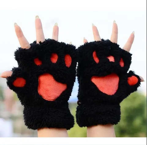 Gants en Peluche Chat Mignons Dessin Animé Hiver Gants Chauds Demi-Doigts Doux Duveteux Mitaines de Griffe d'Animal pour Femmes Filles
