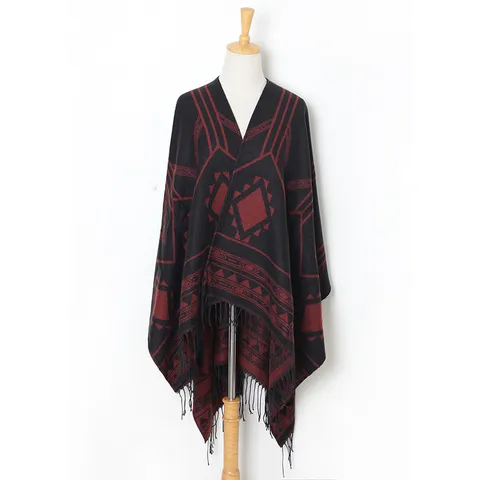 Women Winter Warm Acrylic Tassel Shawl Cape Fashion Geometric Plaid Open Front Poncho Versatile Scarf Blanket Outerwear
