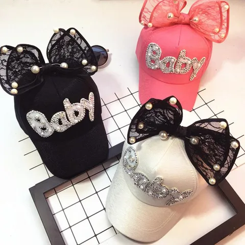 Kids Summer Breathable Mesh Baseball Cap With Cute Lace Bow Pearl And Rhinestone Baby Letter Girls Outdoor Sun Hat