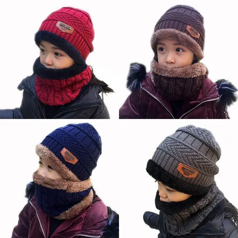 Bonnet en Tricot Acrylique Chaud d'Hiver pour Enfants et Cache-Cou Doublé Polaire Protection Oreilles Écharpe pour Froid