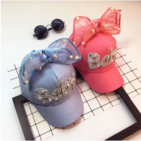 Kids Summer Breathable Mesh Baseball Cap With Cute Lace Bow Pearl And Rhinestone Baby Letter Girls Outdoor Sun Hat