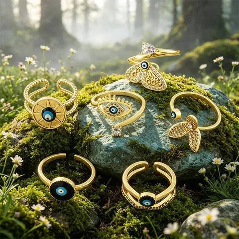 Böhmischer Kupfer Vergoldeter Offener Ring Für Damen Verstellbarer Emaille Böser Blick Strass Fingerring Modeschmuck Geschenk