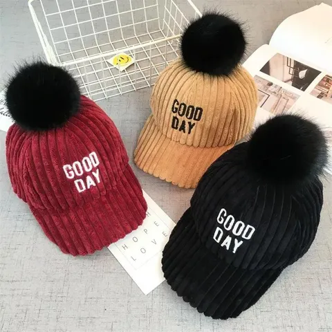 Casquette de Baseball en Velours Côtelé Épais Chaud Hiver Broderie de Lettres Gros Pompon Unisexe Casquette Loisir