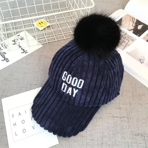 Casquette de Baseball en Velours Côtelé Épais Chaud Hiver Broderie de Lettres Gros Pompon Unisexe Casquette Loisir