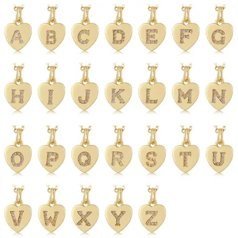 Koperen Vergulde Hart Zirconia Hanger 26 Alfabet Ingelegde Letter Hanger Voor DIY Ketting Armband Sieraden Maken Voor Vrouwen
