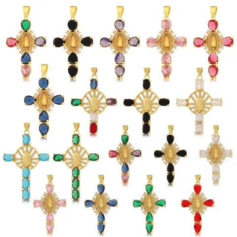 18K Vergoldete Kupfer Religiöse Kreuz Anhänger Halskette Vintage Porträt Relief Zirkonia Eingelegt Schmuck Geschenk Für Damen