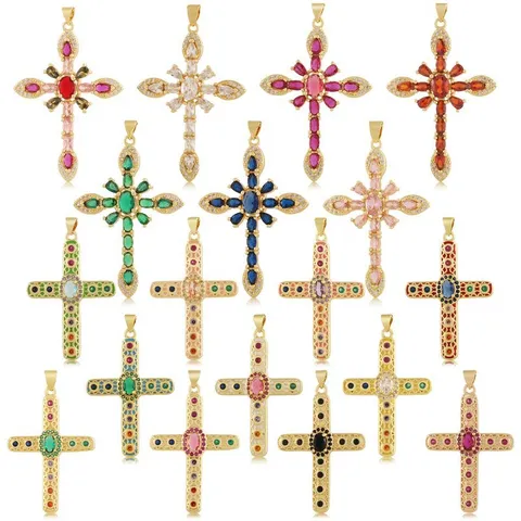 Vintage Kupfer Bunte Zirkonia Kreuz Anhänger Halskette Echtgold Galvanisiert Hofstil Kreuz Charme Schmuck Für Damen Herren