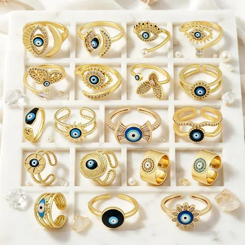 Böhmischer Kupfer Vergoldeter Offener Ring Für Damen Verstellbarer Emaille Böser Blick Strass Fingerring Modeschmuck Geschenk