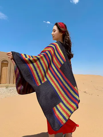 Ethnic Cashmere-like Acrylic Split Cape Shawl Hooded Poncho For Women Autumn Winter Warm Striped Leopard Print Top