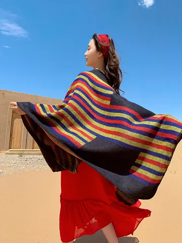 Ethnic Cashmere-like Acrylic Split Cape Shawl Hooded Poncho For Women Autumn Winter Warm Striped Leopard Print Top