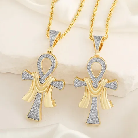 Hip Hop Herren Kupfer Moissanit Kreuz Anhänger Halskette Bling Ankh Religiöser Schmuck Zubehör Geschenk Gold