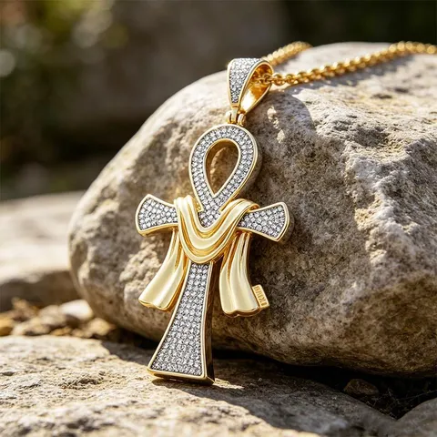 Hip Hop Herren Kupfer Moissanit Kreuz Anhänger Halskette Bling Ankh Religiöser Schmuck Zubehör Geschenk Gold