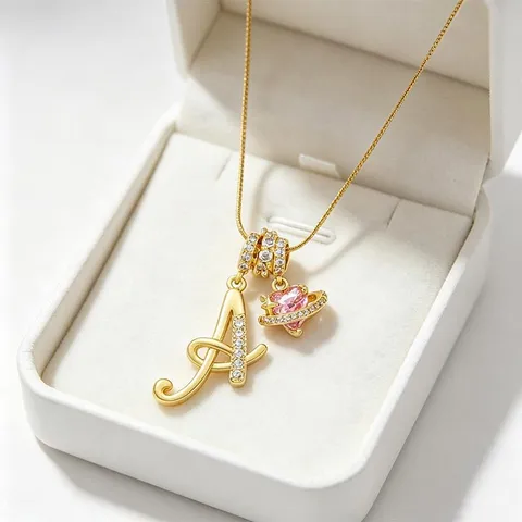 Mode Kupfer Vergoldet Zirkonia Anfangsbuchstabe Anhänger Halskette Mit Rosa Herz Planet Saturn Charme Schlangenkette Für Damen Schmuck